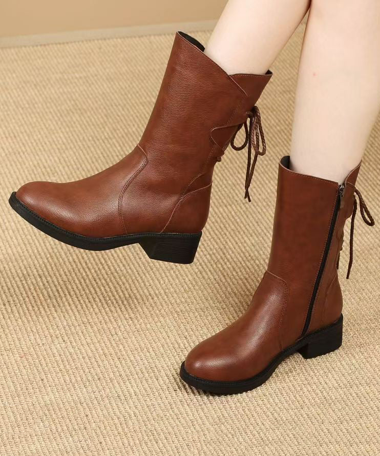 Brown Lace Up Splicing Cowhide Leather Chunky Boots