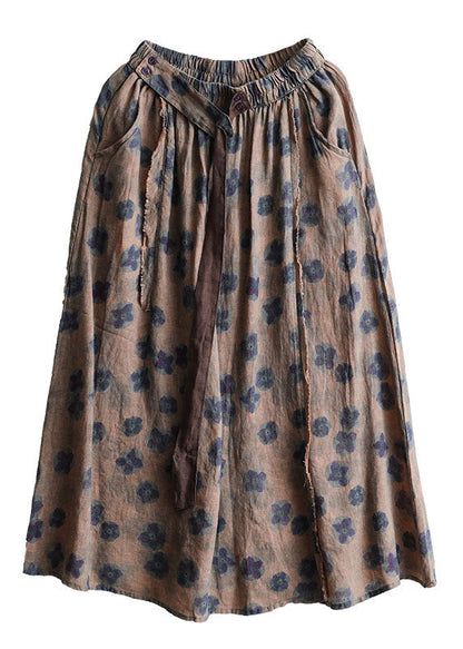 Khaki Elastic Waist Print Linen Skirts Summer