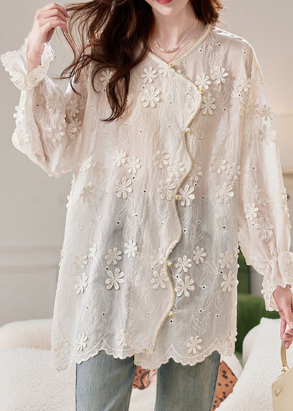 French Beige O-neck Embroidered Shirt Spring