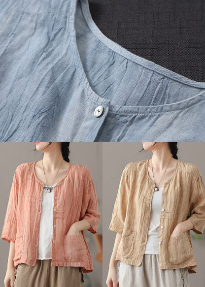Blue O-neck Button Linen Shirt Top Bracelet Sleeve