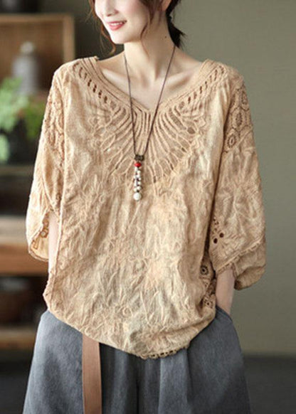 Khaki Cotton V Neck Embroidered Hollow Out Summer Blouses