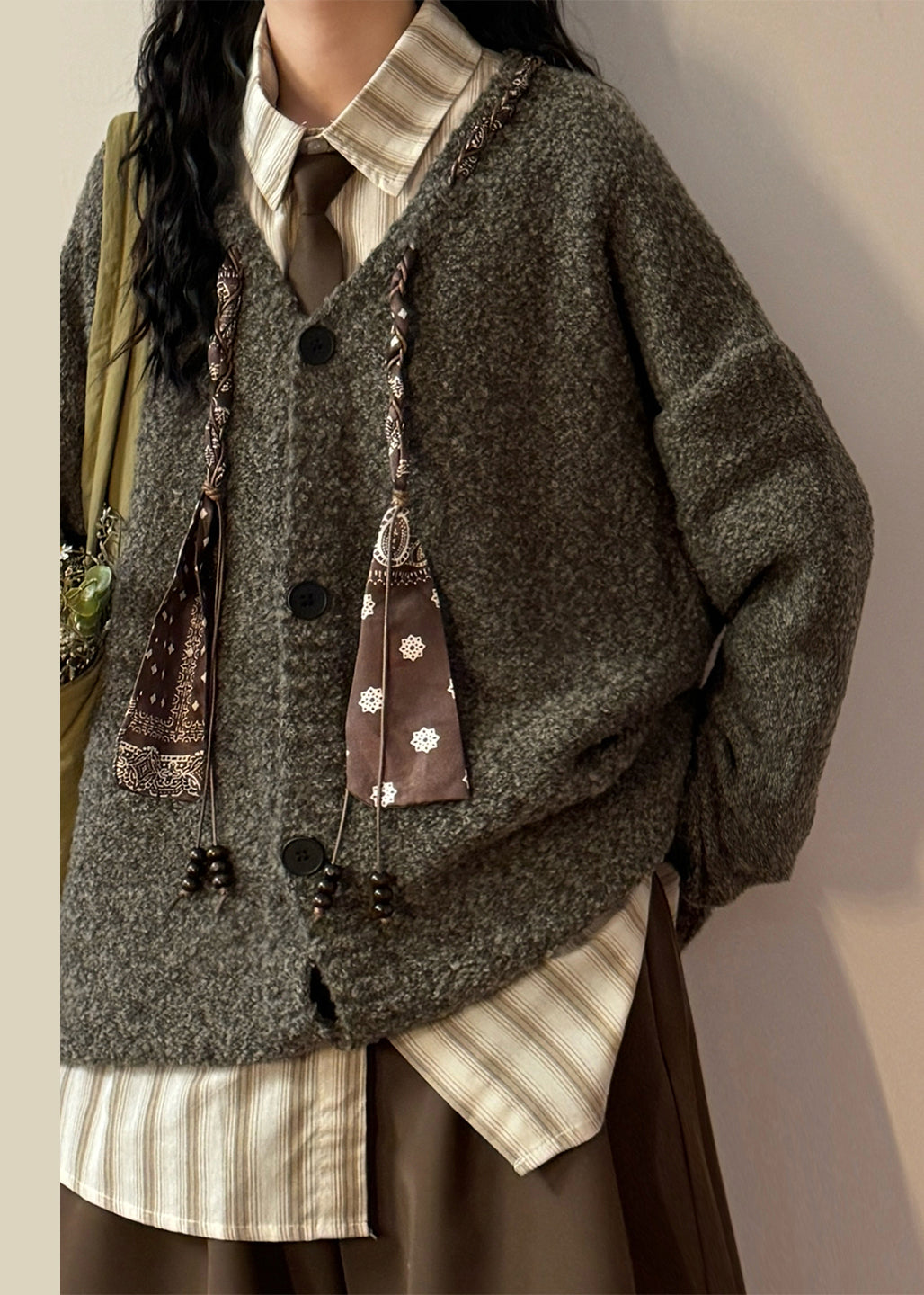 Grey V Neck Scarf Design Button Knit Coats Spring