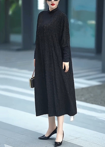 Loose Black Turtleneck Cashmere Maxi Dresses Batwing Sleeve