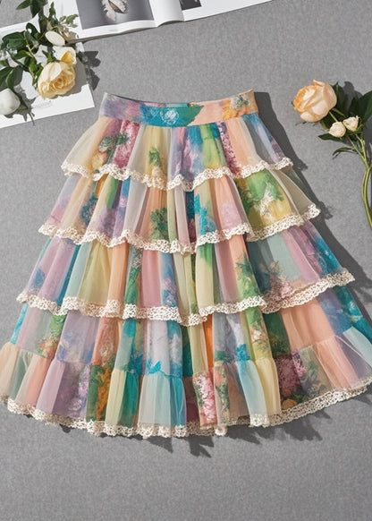 Rainbow Print Layered Chiffon Beach Skirt Summer