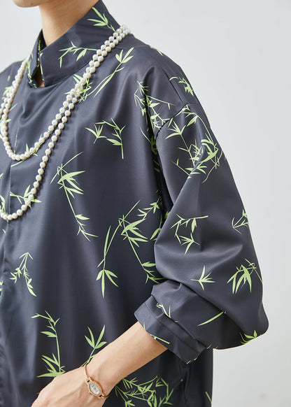 Black Oversized Bamboo Leaf Print Silk Shirt Spring