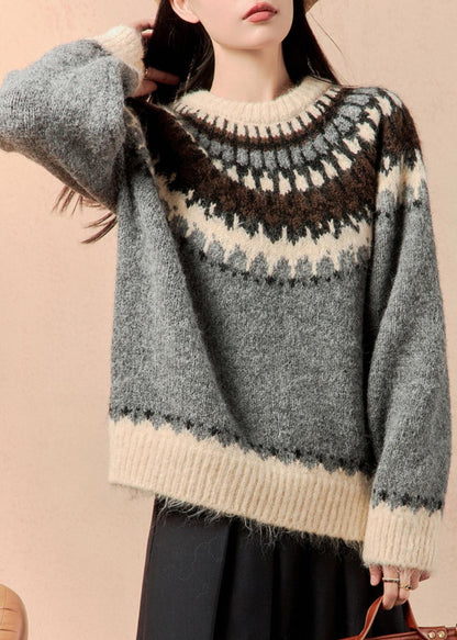 Grey O Neck Thick Patchwork Knit Sweater Winter