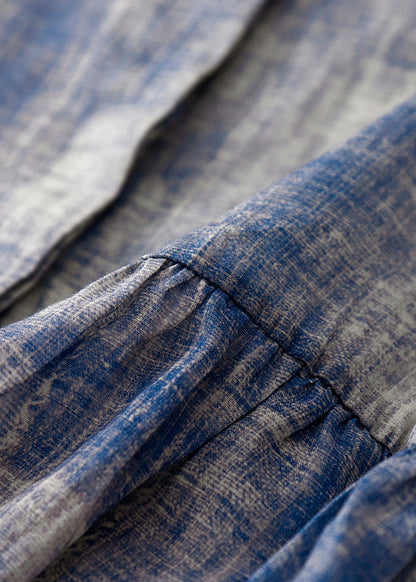 Blue O Neck Tie Dye Patchwork Cotton Shirts Spring