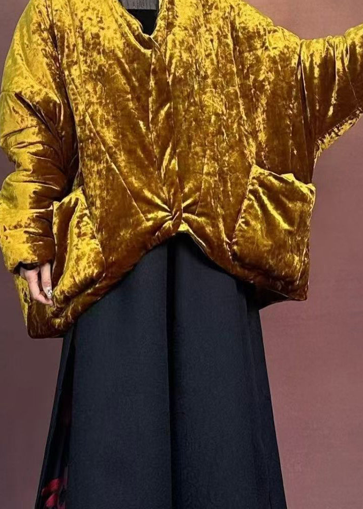 Gold V Neck Pockets Parka Winter