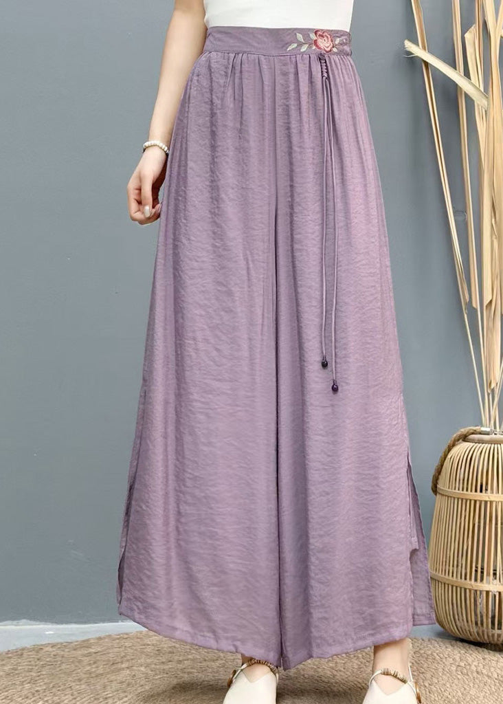 White Embroidered Side Open Linen Wide Leg Pants Summer