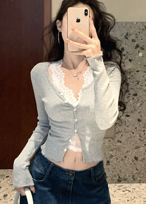 Grey Silm Fit Knit Cardigan and Lace Tops Two Pieces Set Spring