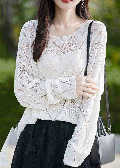 White O Neck Hollow Out Thin Knit Sweater Fall