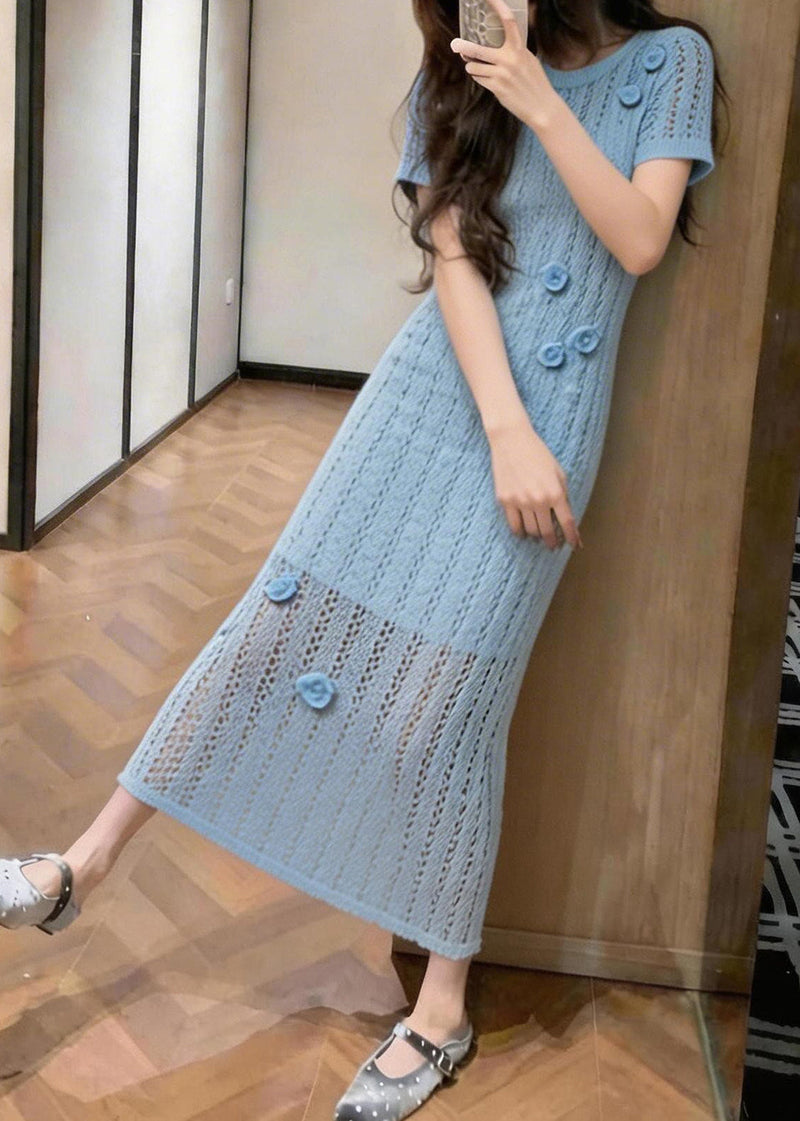 Blue Hollow Out Knit Ankle Dress Summer