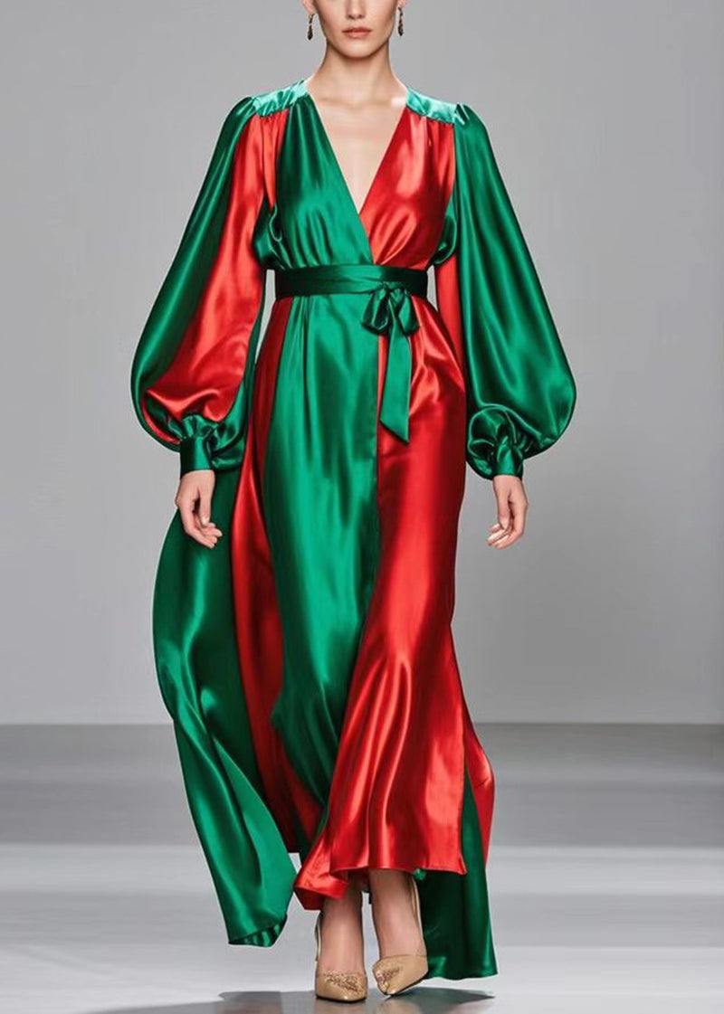 Diy Colorblock Cinched Patchwork Silk Long Dresses Lantern Sleeve