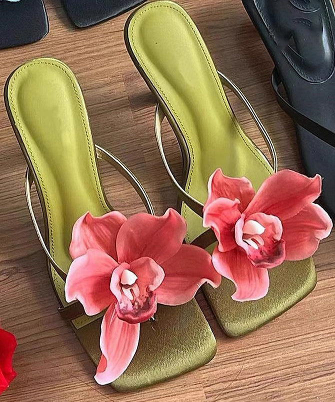 Green Handmade Splicing High Heels Slide Sandals