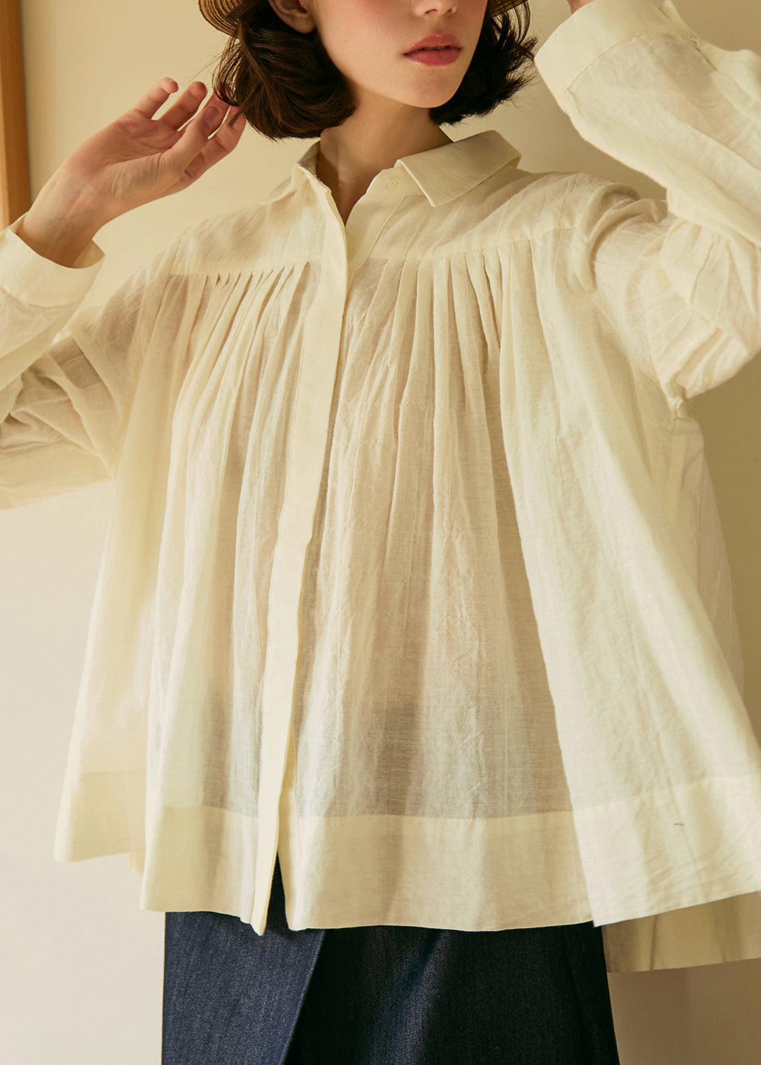 Beige Peter Pan Collar Wrinkled Cotton Shirt Top Fall