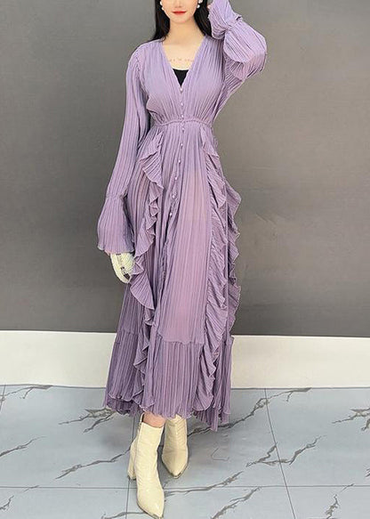 Purple V Neck Ruffled Long Dresses Flare Sleeve