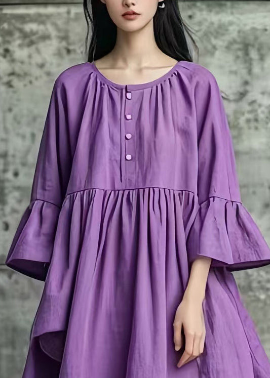 Purple Oversized Cotton Mid Dresses Flare Sleeve