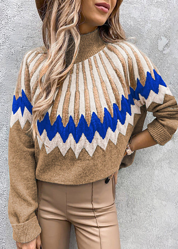 Stylish White Hign Neck Print Knit Short Sweater Fall