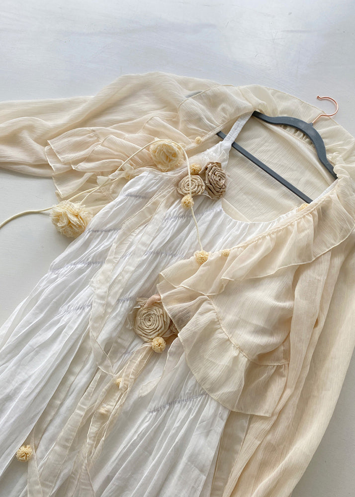 French Apricot Decorated Pleated Dress for Summer