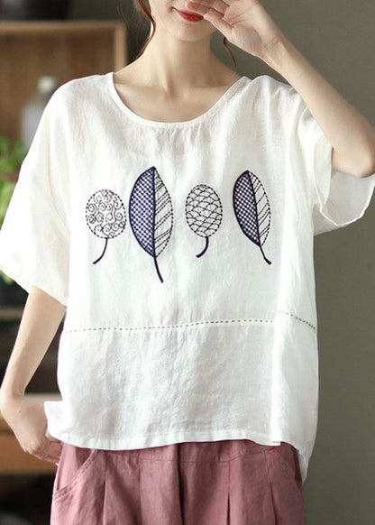 French Red Summer O-neck Embroidered Linen Half Sleeve T Shirt