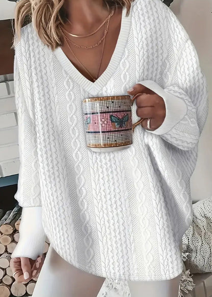 Grey V Neck Patchwork Loose Knit Shirt Top Fall