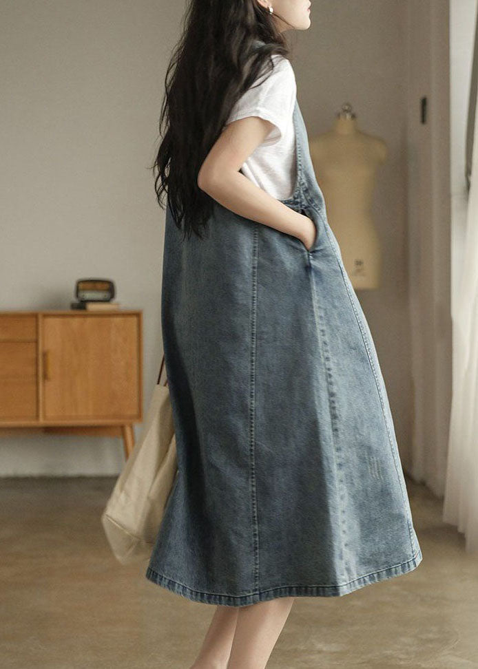 Blue V Neck Patchwork Denim Tank Dress Sleeveless