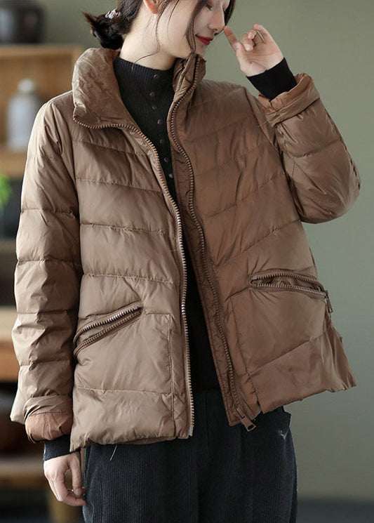 Unique Khaki Stand Collar Pockets Winter Down Coats
