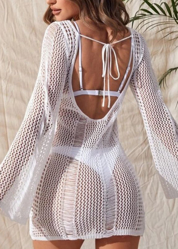 New Hollow Open Back Beach Knitted Cover Up Long Sleeve