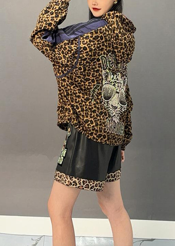Leopard Patchwork Zippered Hoodies Coats Spring