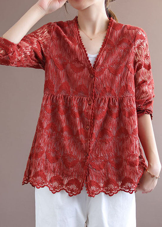 Red Patchwork Lace Loose Coat Embroidered Long Sleeve