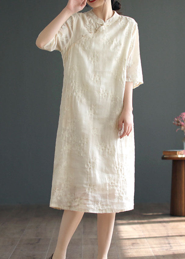 Chinese Style Apricot Embroidered Button Patchwork Linen Dress Summer