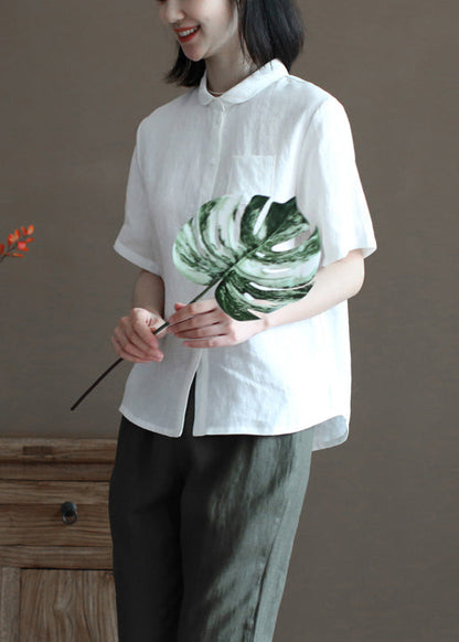 White Peter Pan Collar Pocket Linen Shirts Half Sleeve