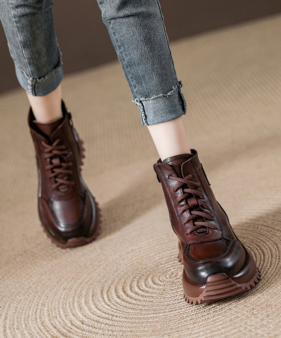 Chocolate Cowhide Leather Lace Up Splicing Boots