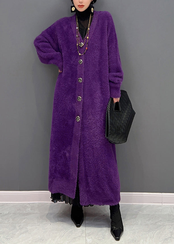 Purple V Neck Patchwork Mink Hair Knitted Cardigan Fall
