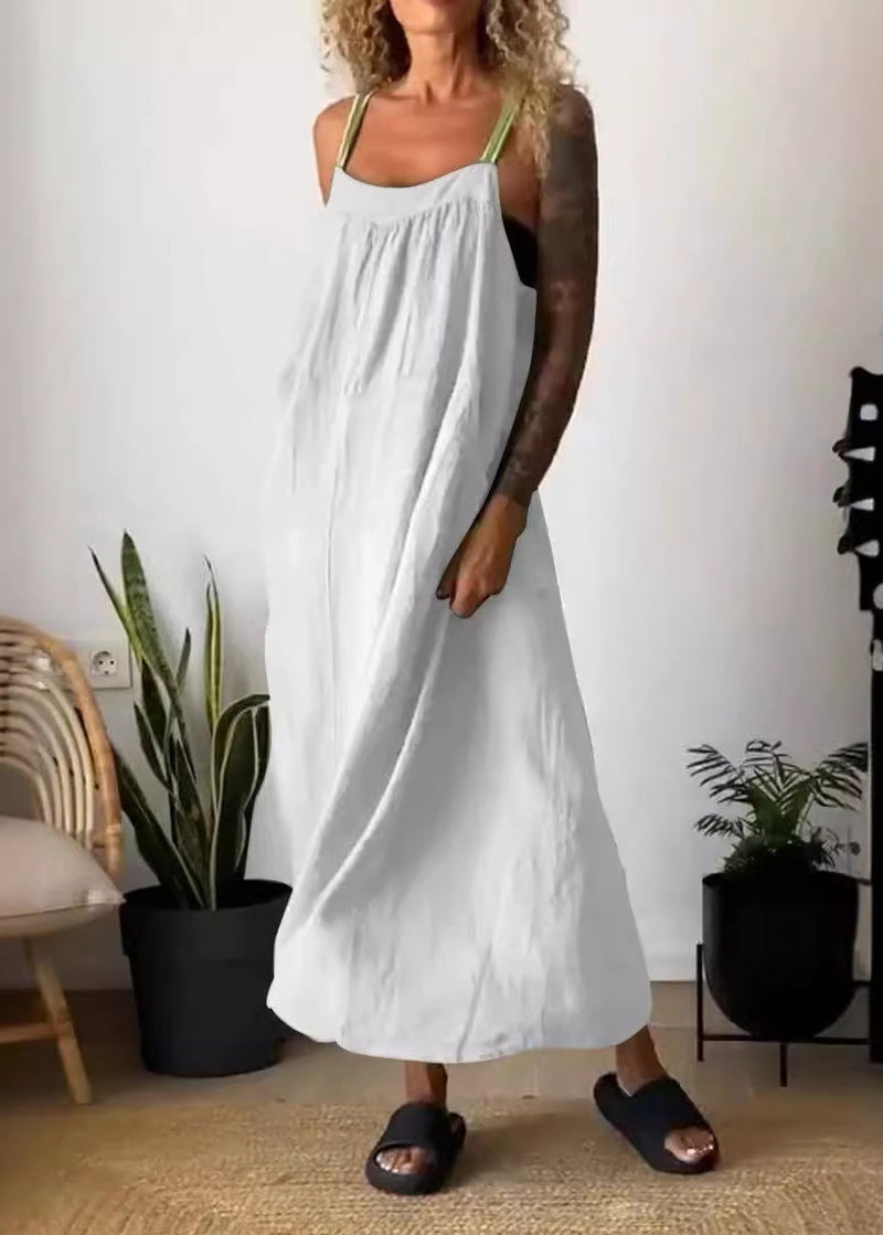 Stylish White Backless Cotton Spaghetti Strap Dress Sleeveless