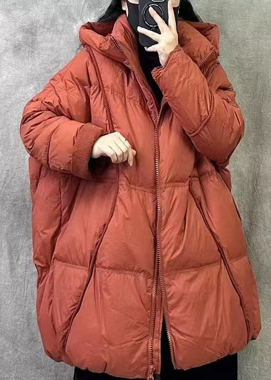 Loose Orange Hooded Zippered Duck Down Puffer Coat Winter