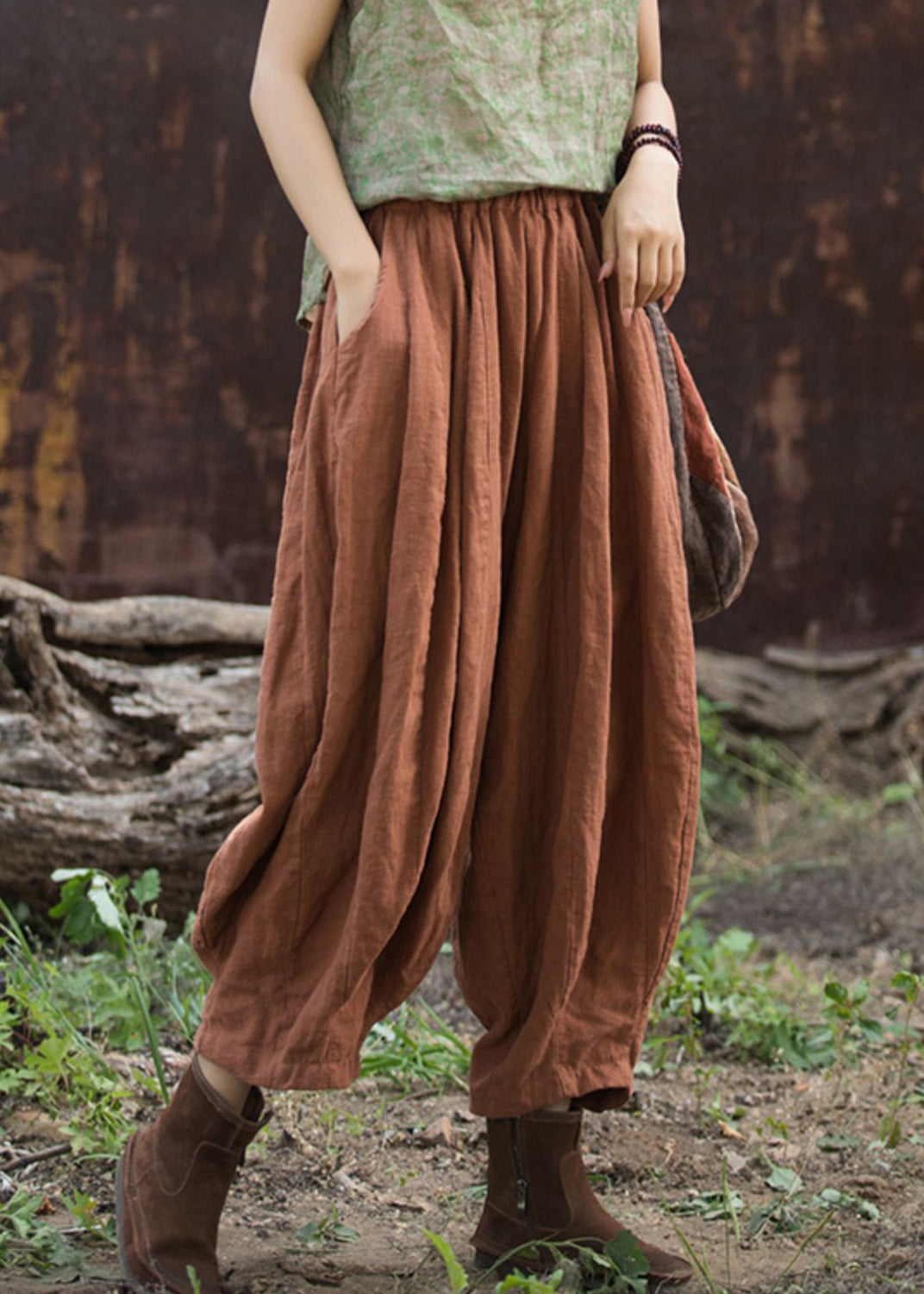 Cozy Linen Pockets Elastic Waist Cotton Crop Pants Summer