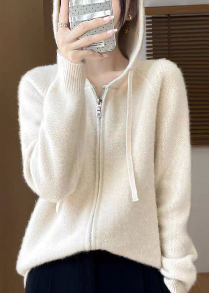 Beige Hooded Zippered Cotton Knit Coat Fall