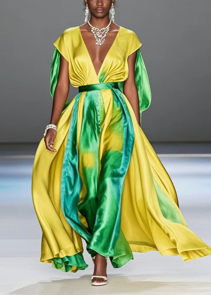 Yellow Cinched Tie Dye Silk Long Dresses Summer