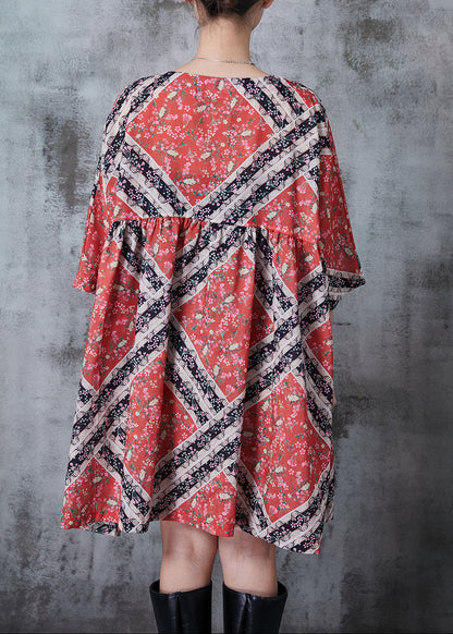 Red Oversized Print Cotton Mid Dresses Summer