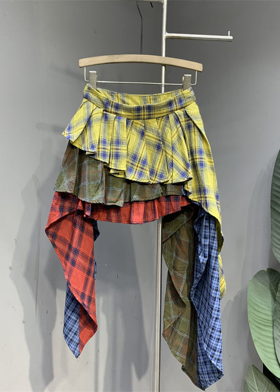 Colorblock Plaid Asymmetrical Patchwork Skirts Summer