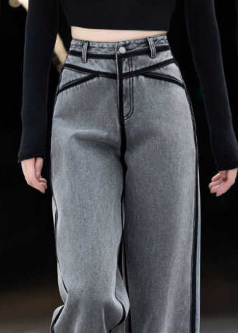 New Grey Pockets Striped Patchwork Denim Pants Spring
