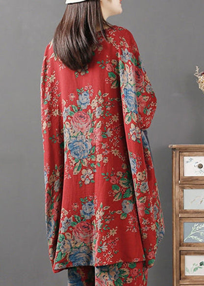 Red O-neck Print Low High Design Pockets Linen Tops Long Sleeve