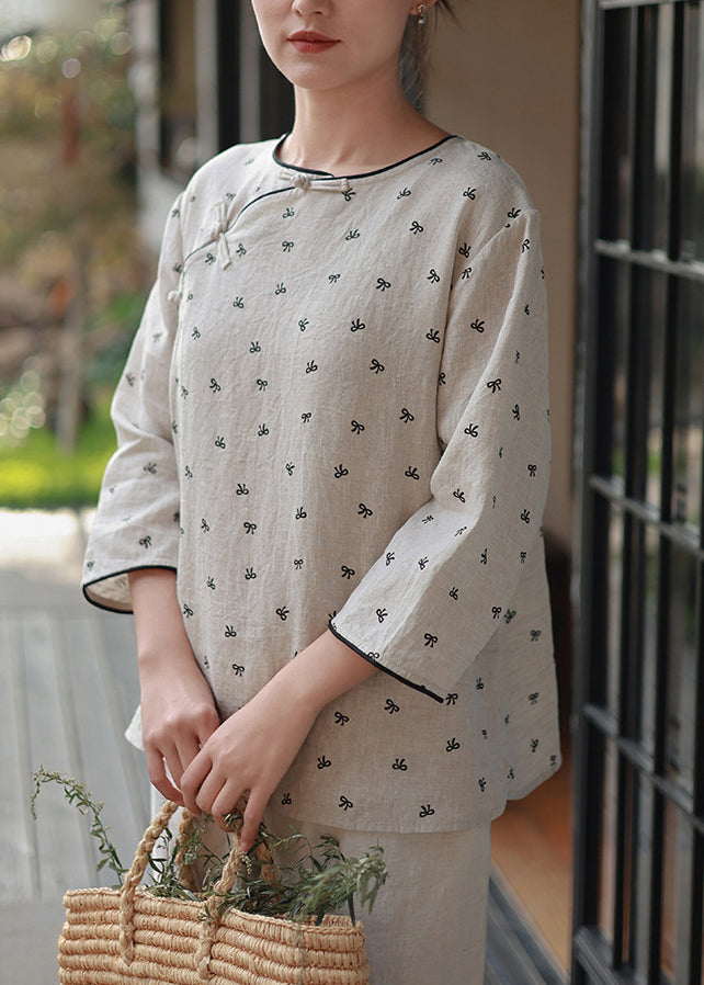New O Neck Print Chinese Button Linen Blouses Spring