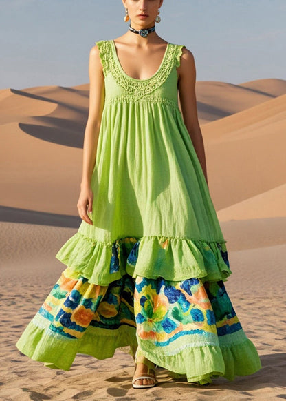 Grass Green Print Cotton Long Dresses Summer