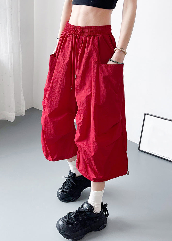 Red Pockets Elastic Waist Cotton Crop Pants Summer