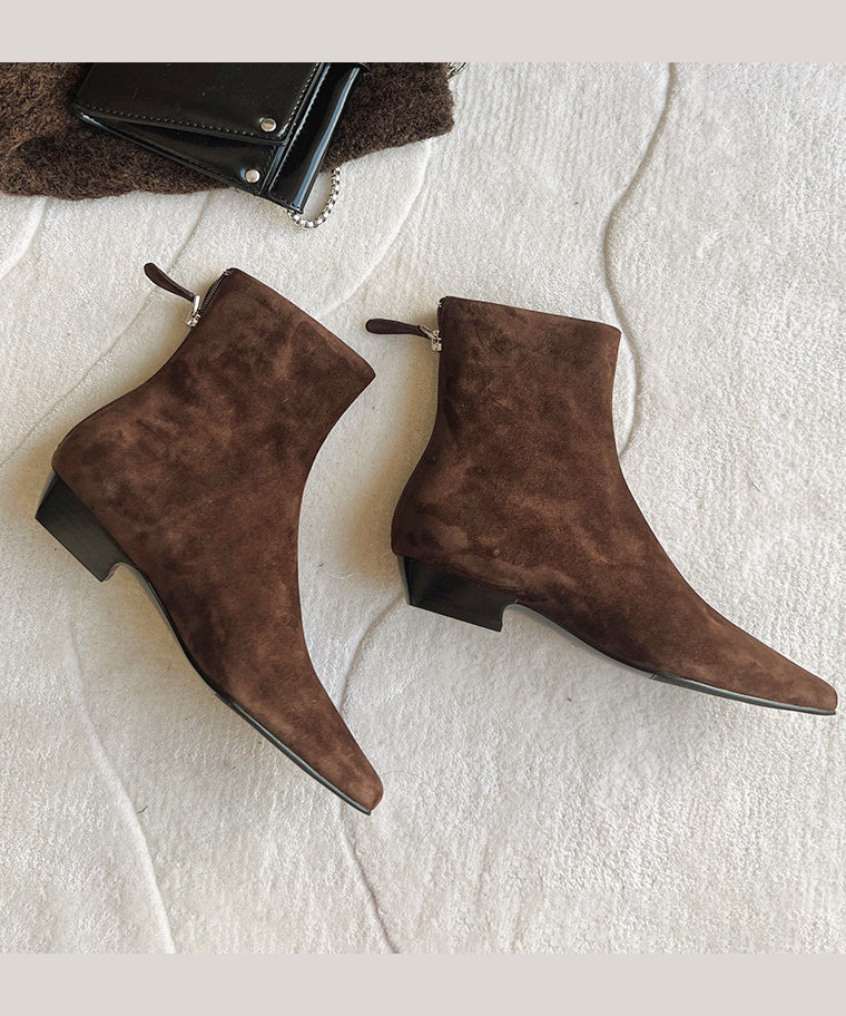 Brown Chunky Suede Comfy Splicing Zippered Boots