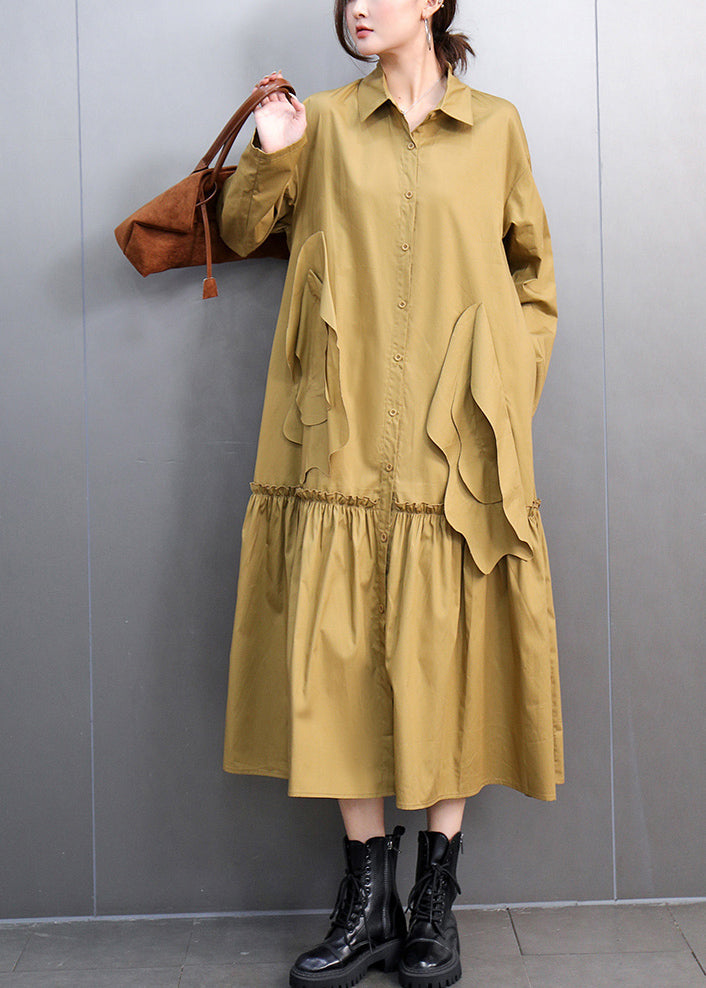 Yellow Peter Pan Collar Pockets Long Shirts Dresses Spring