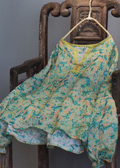 Black V Neck Print Linen Blouse Top Lantern Sleeve
