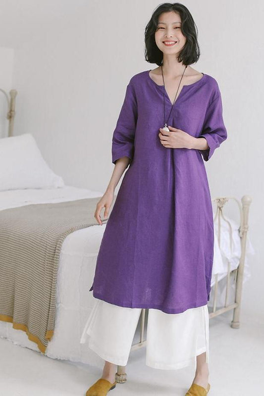 Linen Purple Summer Dresses Loose Clothes